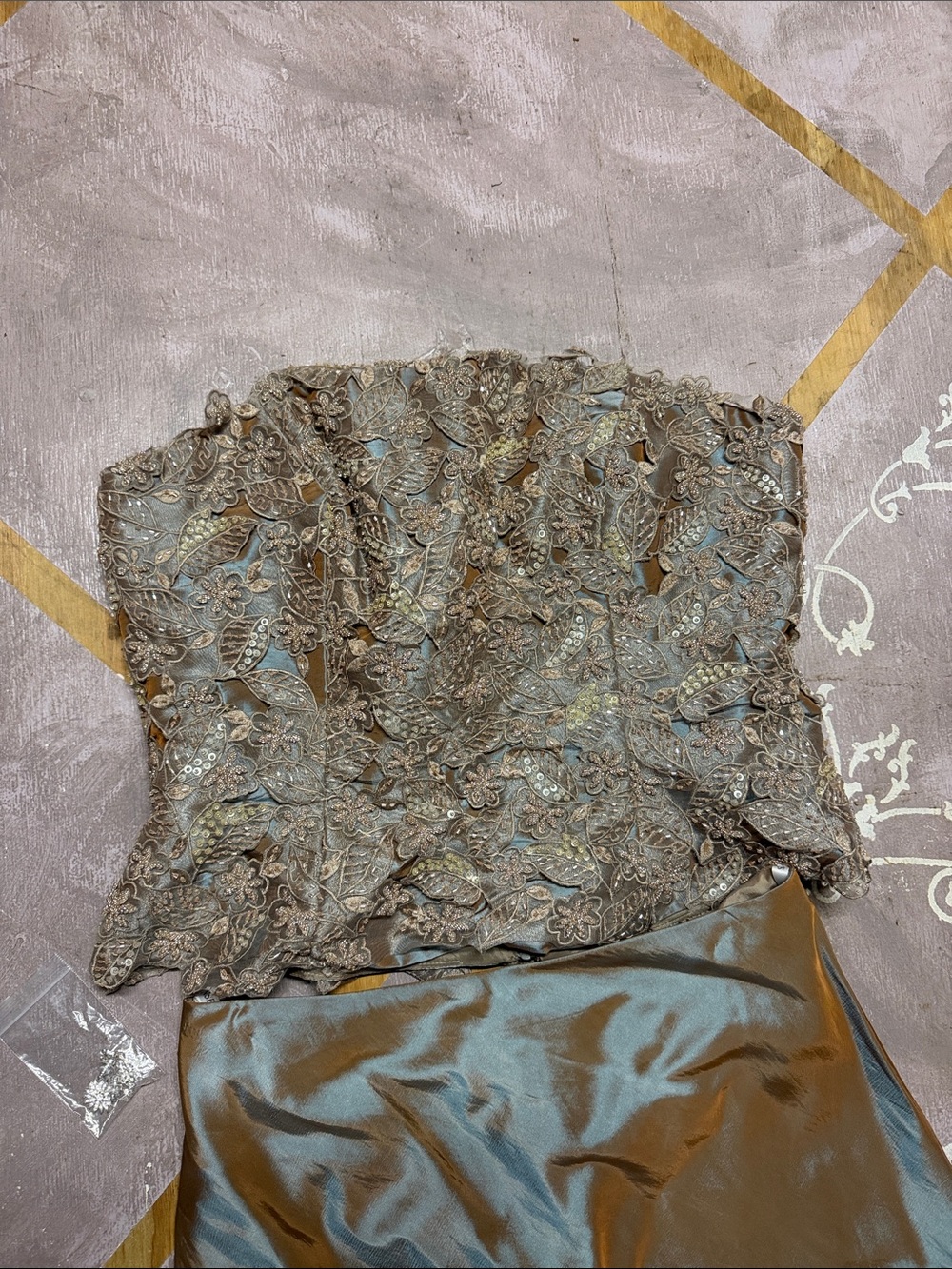 Embellished Strapless Lace Bodice Dress in Taupe and Light Blue